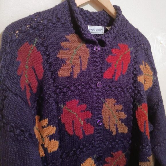 Vintage Michaelee Fall Leaves Wool Cardigan-Medium-Button Front-Longline-Chunky - Picture 4 of 9